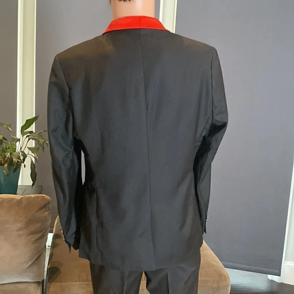 Men’s 3 Piece Slim Fit Tuxedo Black with Red Detail Shawl Lapel Size XS NWT